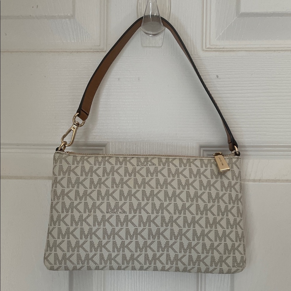 Michael Kors Beige and Brown Signature MK Shoulder Bag with Gold Hardware - Picture 2 of 6